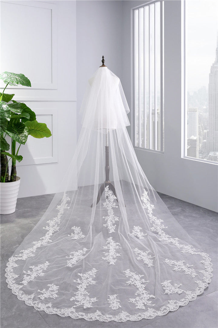 Voile de Mariée Élégant à Deux Niveaux avec Appliques