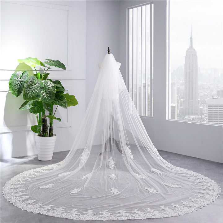 Voile de Mariée en Dentelle Ultra Large à Deux Niveaux avec Appliques