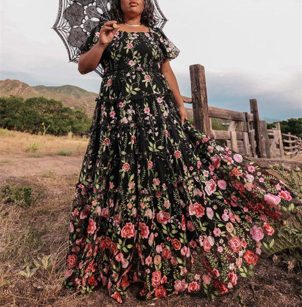 Robe de Soirée Formelle à Fleurs, Coupe A-Line/Princesse, Col en V, Manches Courtes, Motif Floral
