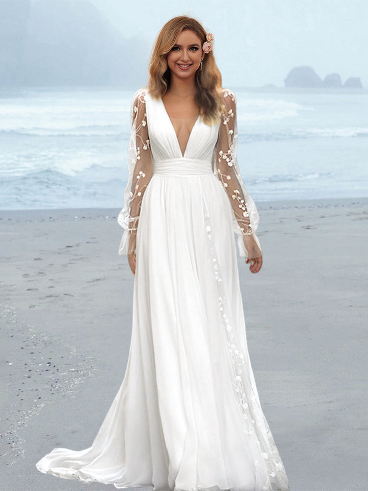Robe de Mariée Longue Au Sol à Col en V et Coupe A-Line/Princesse