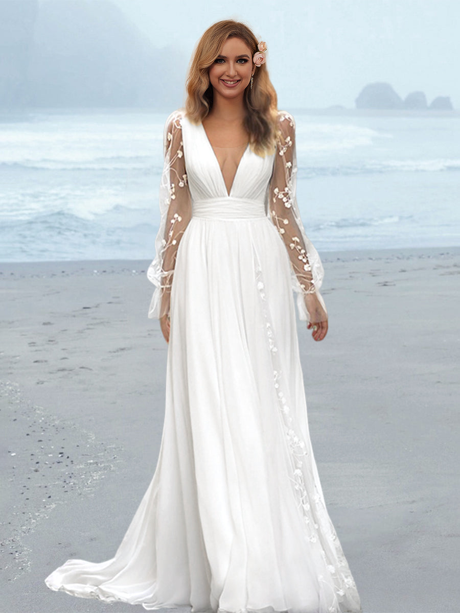 Robe de Mariée Longue Au Sol à Col en V et Coupe A-Line/Princesse