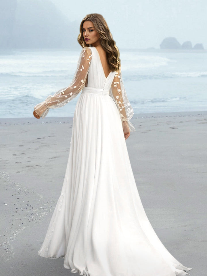 Robe de Mariée Longue Au Sol à Col en V et Coupe A-Line/Princesse