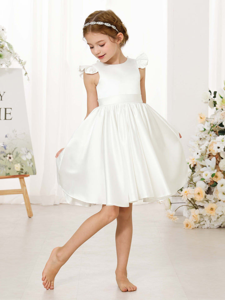 Robe de Demoiselle D'Honneur Mini en Satin à Manches Courtes et Col Rond, Coupe A-Line/Princess