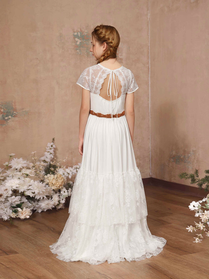 Robe de Demoiselle D'Honneur en Dentelle à Manches Courtes et Col Rond, Coupe A-Line/Princess, Longueur Au Sol