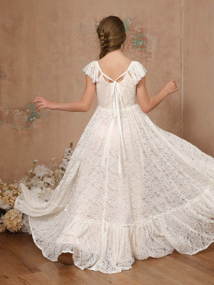 Robe de Demoiselle D'Honneur en Dentelle à Manches Courtes et Col Carré, Coupe A-Line/Princess, Longueur Au Sol