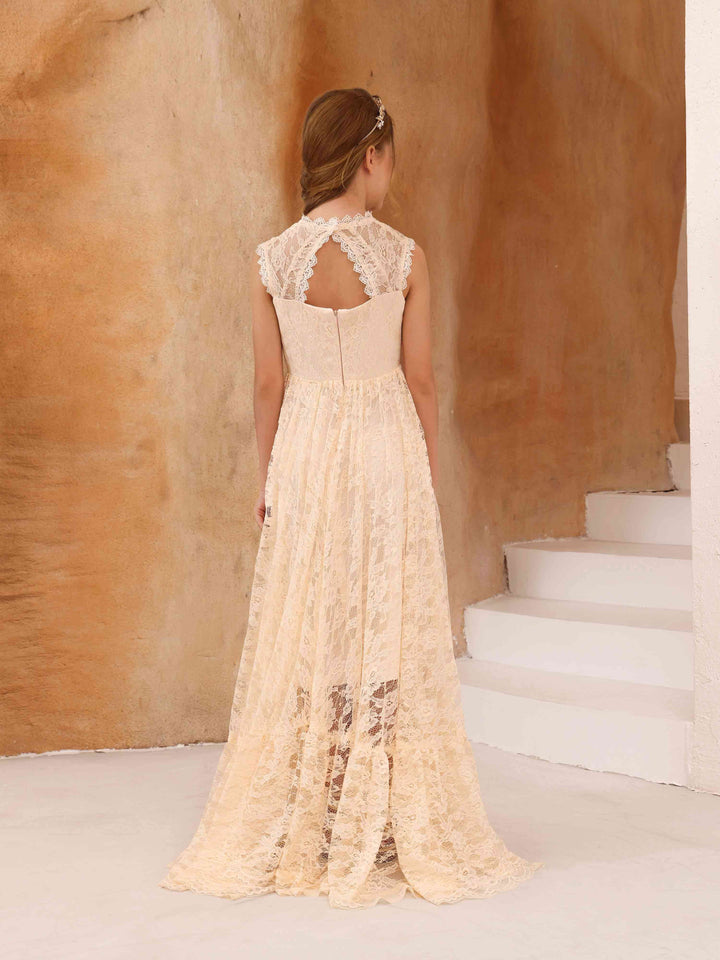 Robe de Demoiselle D'Honneur en Dentelle, Coupe A-Line/Princesse, Sans Manches, Col Rond, Longueur Au Sol