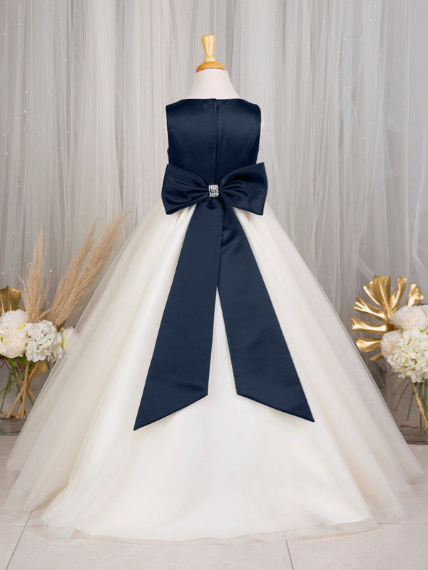 Robe de Demoiselle D'Honneur en Tulle et Satin, Coupe Trapèze/Princesse, Sans Manches, Longueur Au Sol, avec Nœud(S)