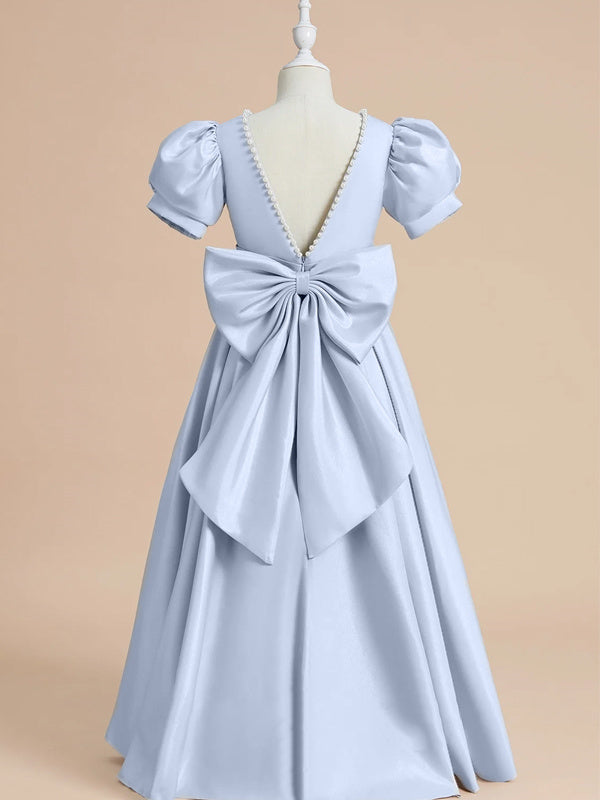 Robe de Demoiselle D'Honneur en Satin à Manches Courtes et Longueur Au Sol, Coupe A-Line/Princess, avec Perles et Nœud(S)