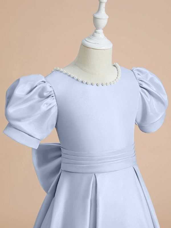 Robe de Demoiselle D'Honneur en Satin à Manches Courtes et Longueur Au Sol, Coupe A-Line/Princess, avec Perles et Nœud(S)