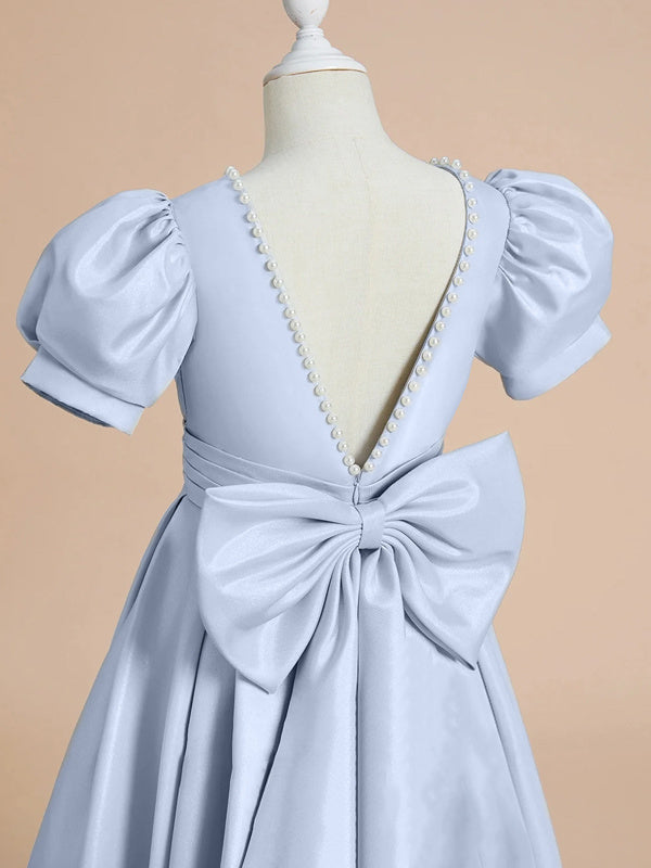 Robe de Demoiselle D'Honneur en Satin à Manches Courtes et Longueur Au Sol, Coupe A-Line/Princess, avec Perles et Nœud(S)