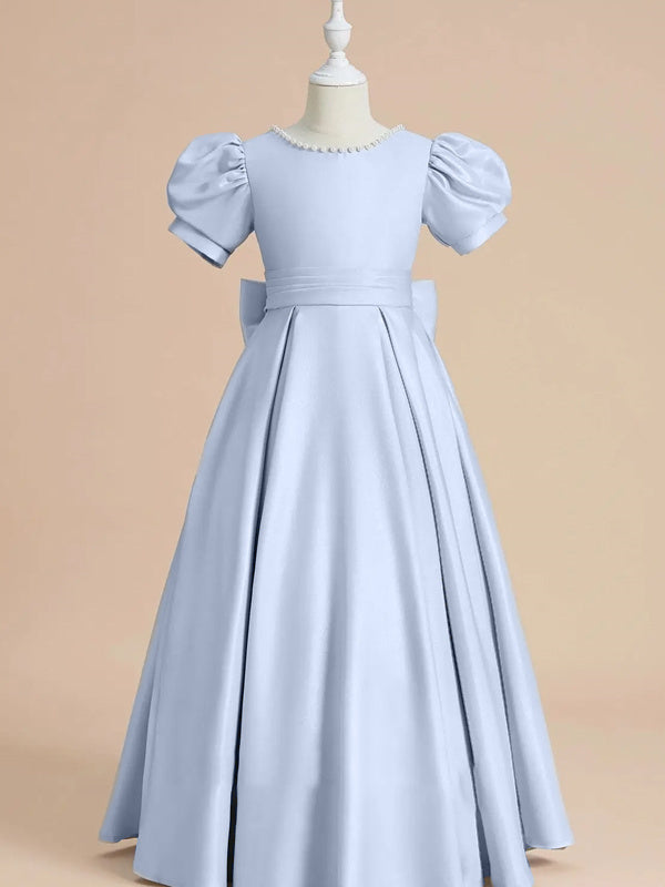 Robe de Demoiselle D'Honneur en Satin à Manches Courtes et Longueur Au Sol, Coupe A-Line/Princess, avec Perles et Nœud(S)