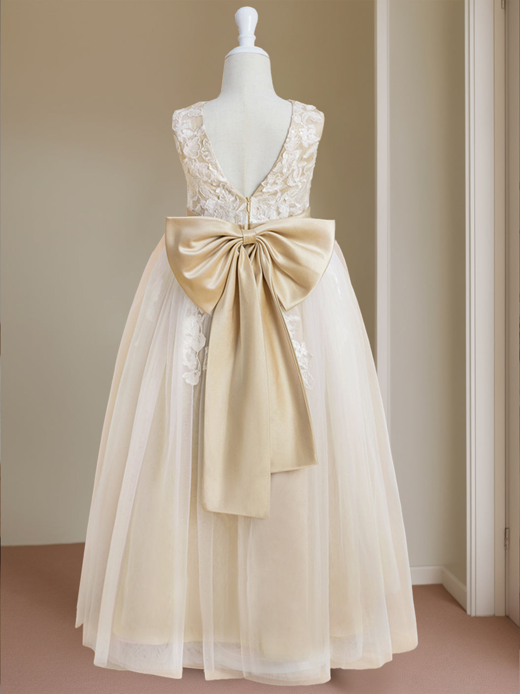 Robe de Demoiselle D'Honneur A-Line/Princess à Col en V Sans Manches et Longueur Au Sol avec Nœud