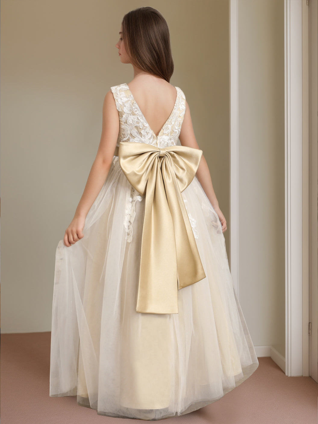 Robe de Demoiselle D'Honneur A-Line/Princess à Col en V Sans Manches et Longueur Au Sol avec Nœud