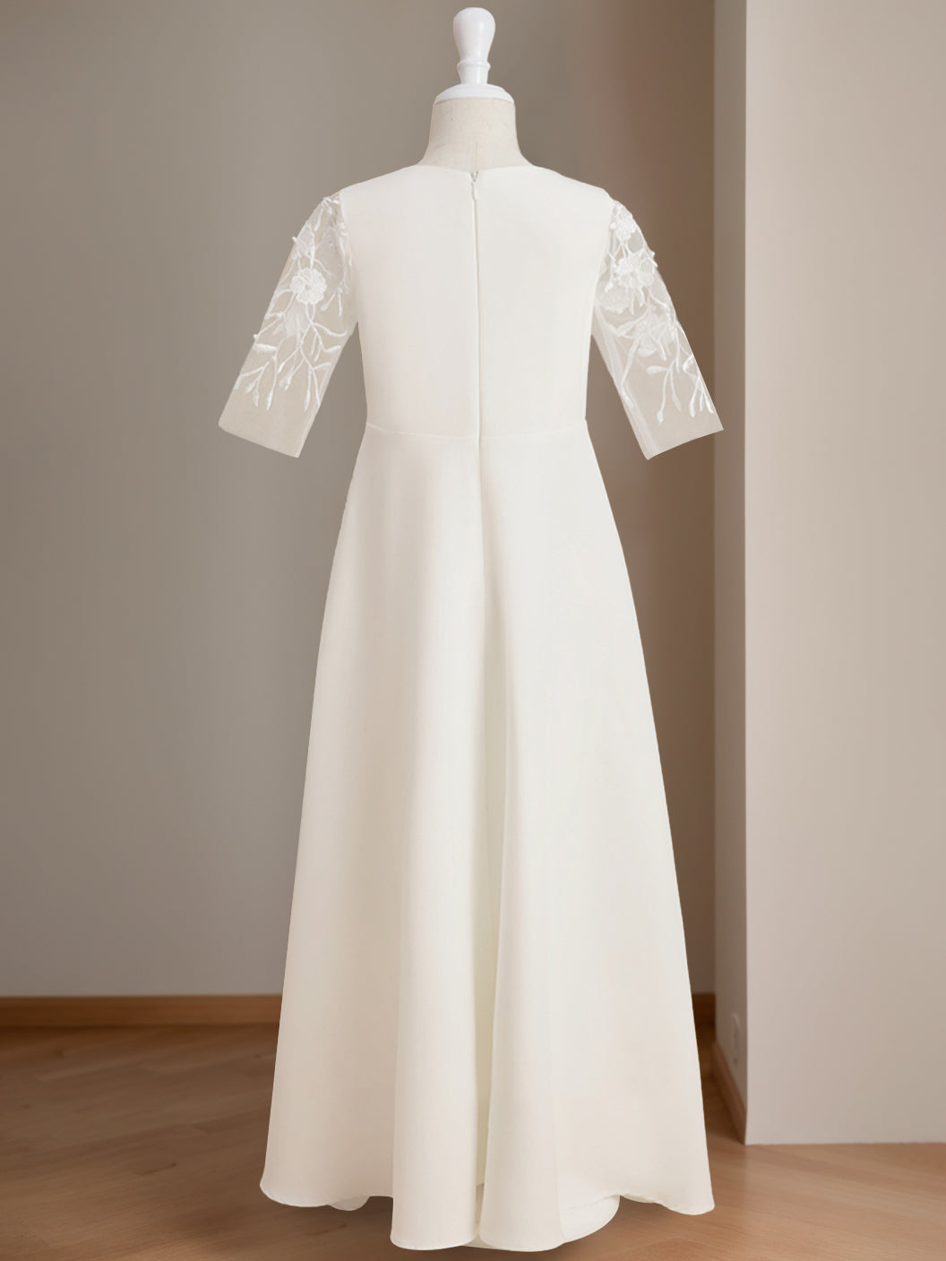 Robe de Demoiselle D'Honneur A-Line/Princess à Col Rond et Manches Mi-Longues avec Dentelle