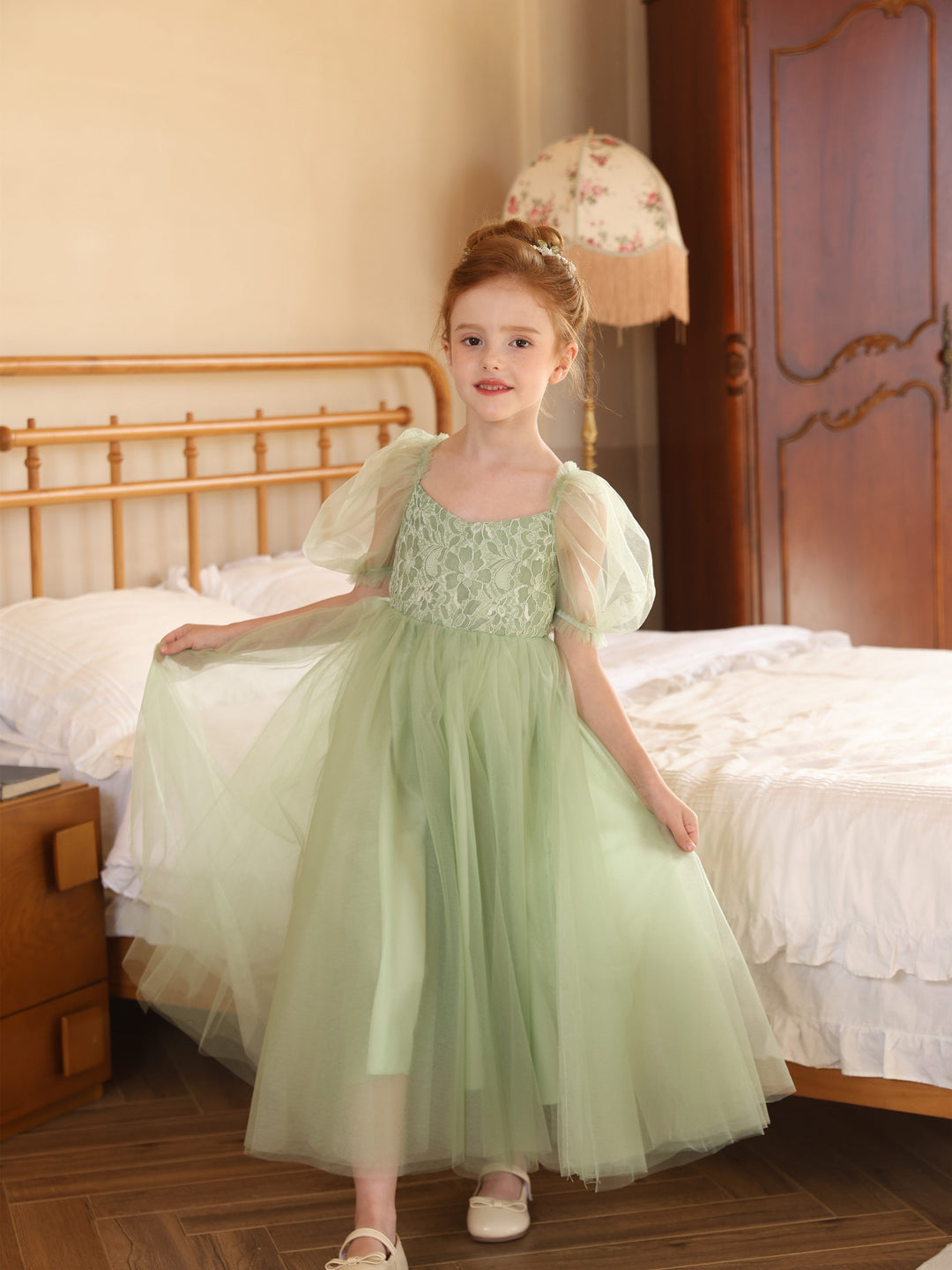 Robe de Bal en Tulle à Manches Courtes et Col Rond, Longueur Thé, pour Fille