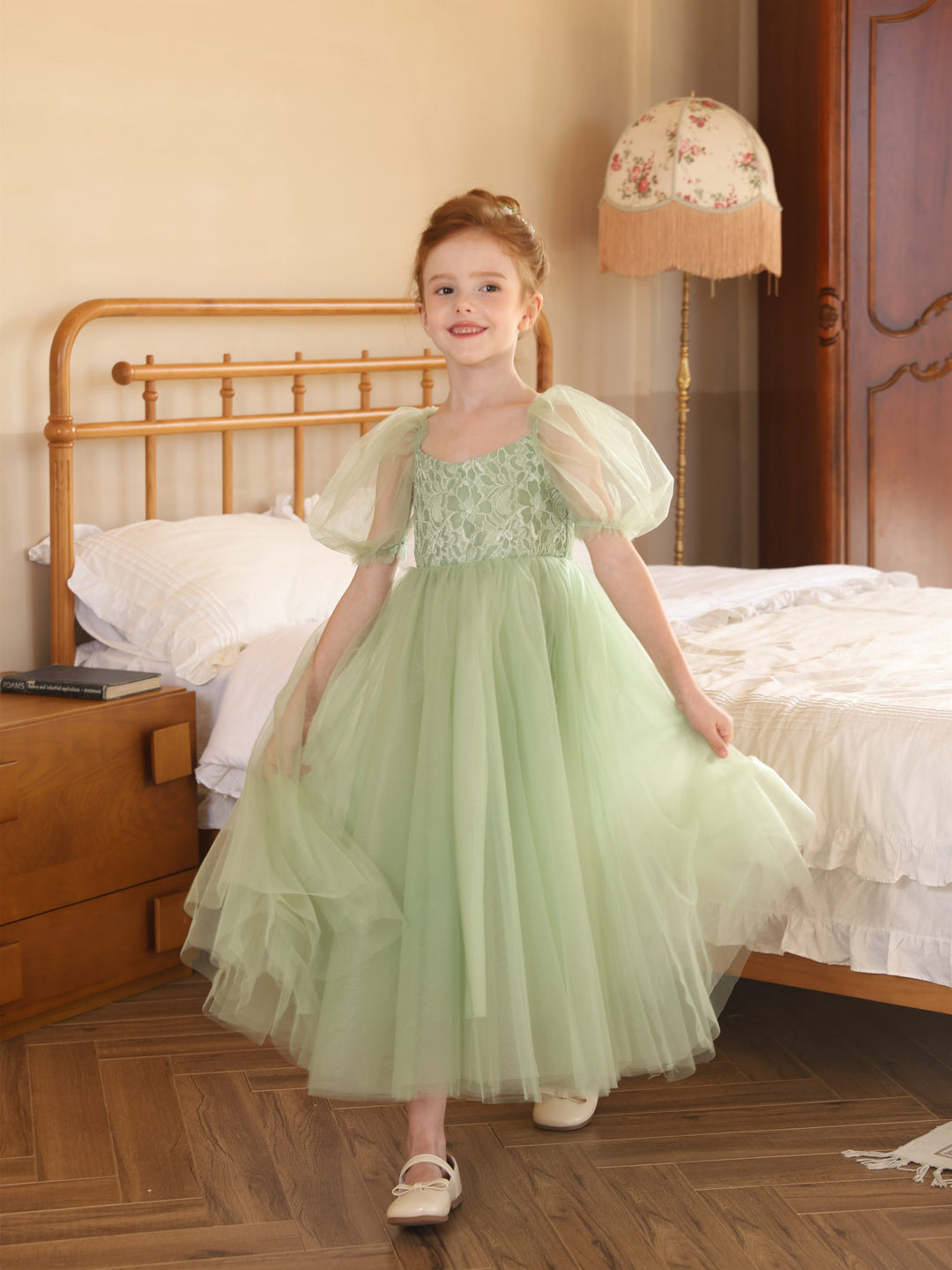 Robe de Bal en Tulle à Manches Courtes et Col Rond, Longueur Thé, pour Fille