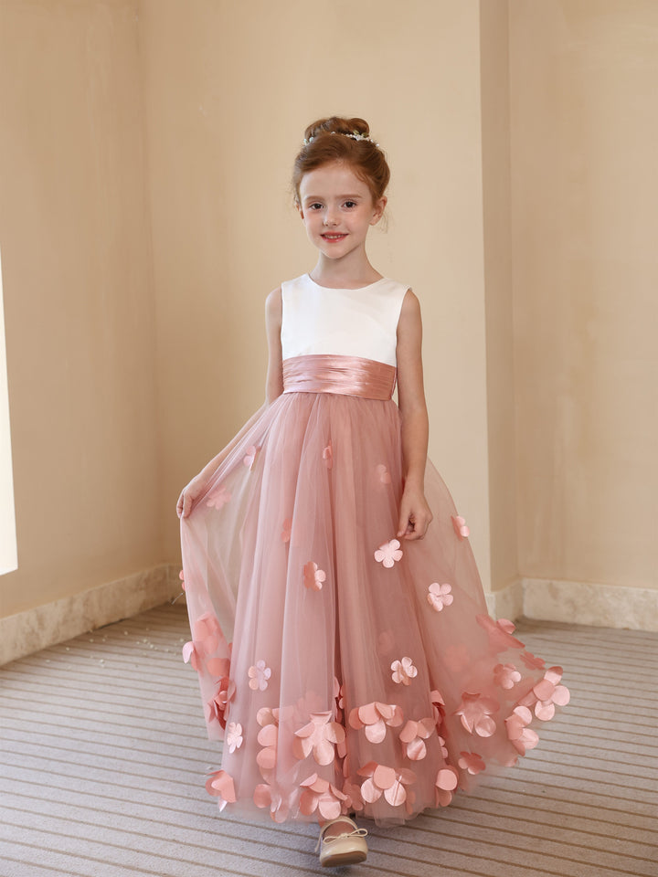 Robe de Bal en Satin Tulle à Encolure Dégagée Sans Manches Longueur Cheville Robes de Demoiselle D'Honneur avec Fleur