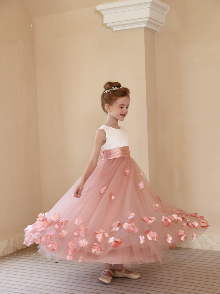 Robe de Bal en Satin Tulle à Encolure Dégagée Sans Manches Longueur Cheville Robes de Demoiselle D'Honneur avec Fleur