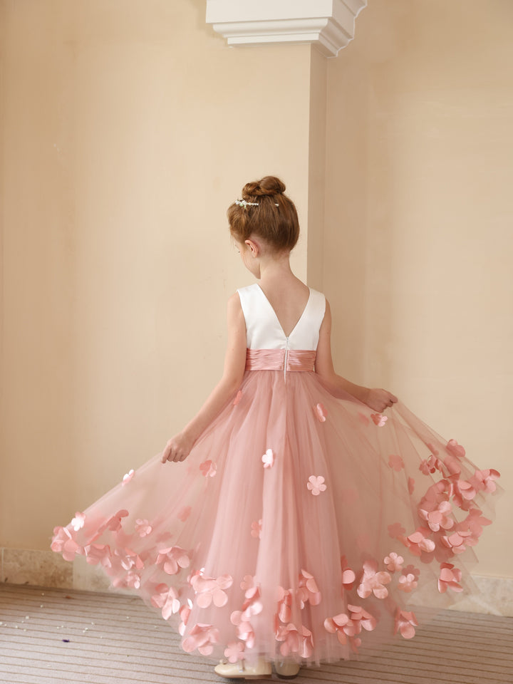 Robe de Bal en Satin Tulle à Encolure Dégagée Sans Manches Longueur Cheville Robes de Demoiselle D'Honneur avec Fleur