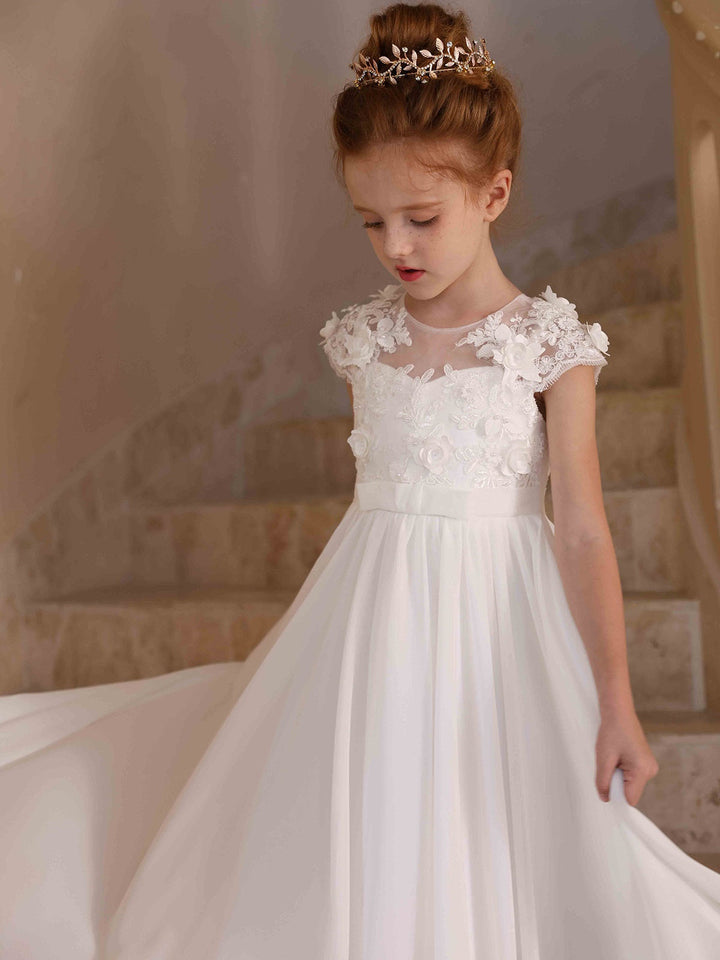 Robe de Demoiselle D'Honneur en Satin à Manches Courtes et Col en V, Coupe Princesse, Longueur Au Sol, en Dentelle Blanche