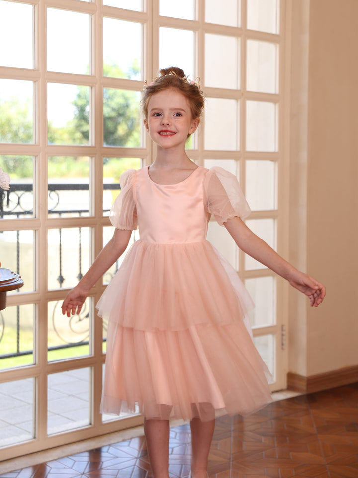 Robe de Bal à Manches Courtes et Col en V en Tulle Au Genou pour Fille