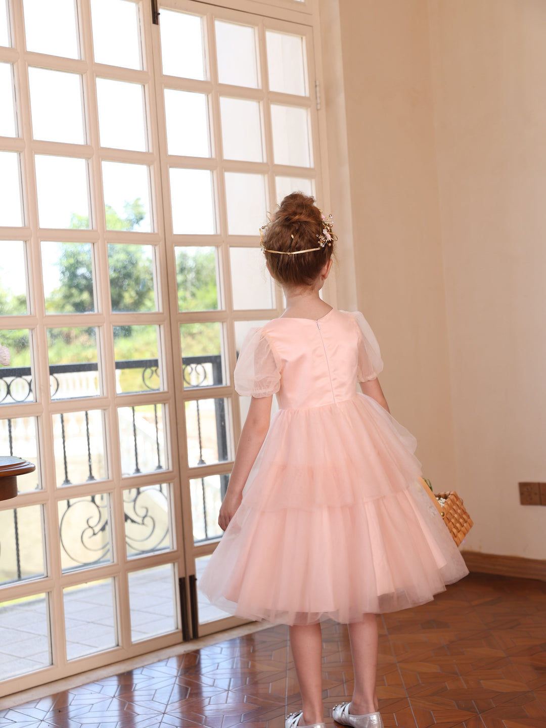 Robe de Bal à Manches Courtes et Col en V en Tulle Au Genou pour Fille