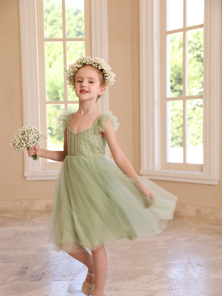 Robe de Bal à Col Carré Sans Manches Au Genou pour Fille de Fleur avec Couleur Pure