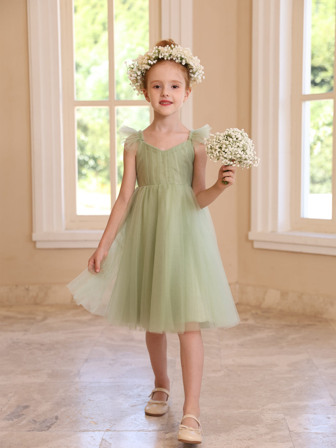 Robe de Bal à Col Carré Sans Manches Au Genou pour Fille de Fleur avec Couleur Pure