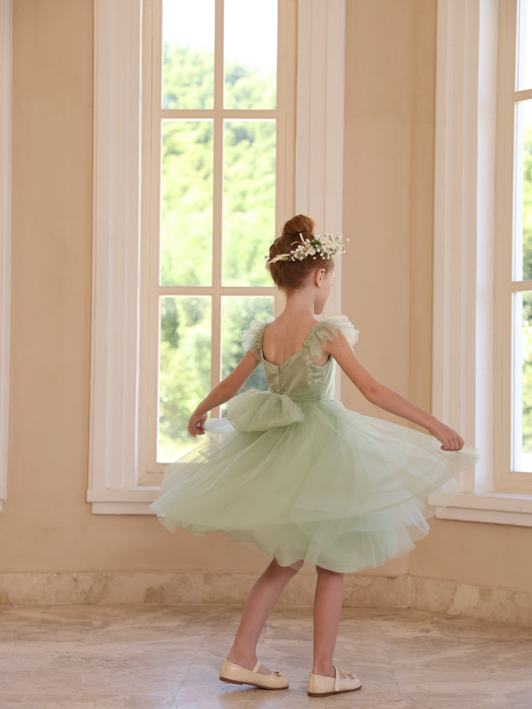 Robe de Bal à Col Carré Sans Manches Au Genou pour Fille de Fleur avec Couleur Pure
