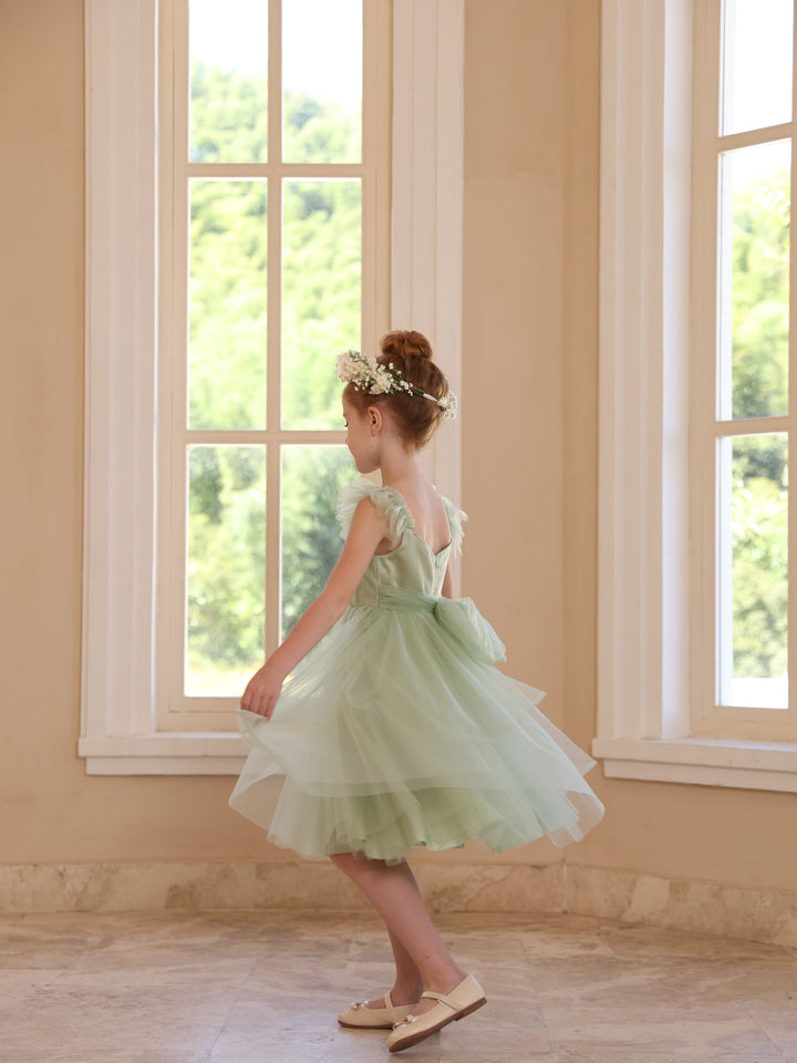 Robe de Bal à Col Carré Sans Manches Au Genou pour Fille de Fleur avec Couleur Pure