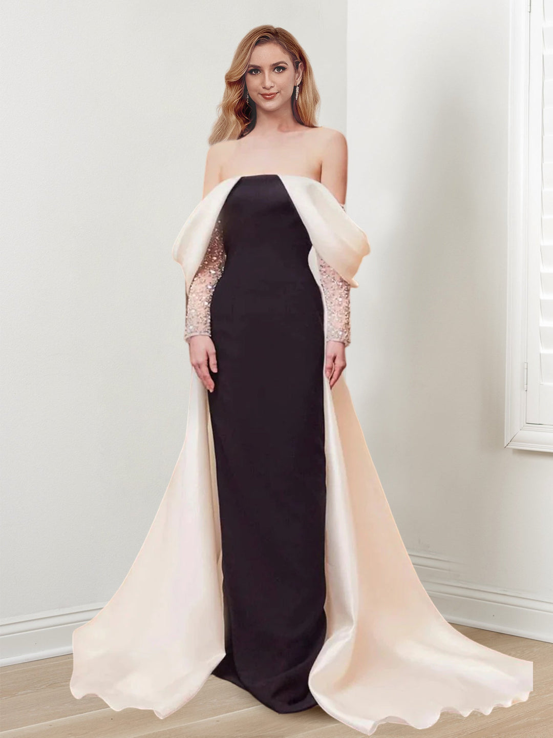 Robe de Soirée Longue à Épaules Dénudées et Manches Longues