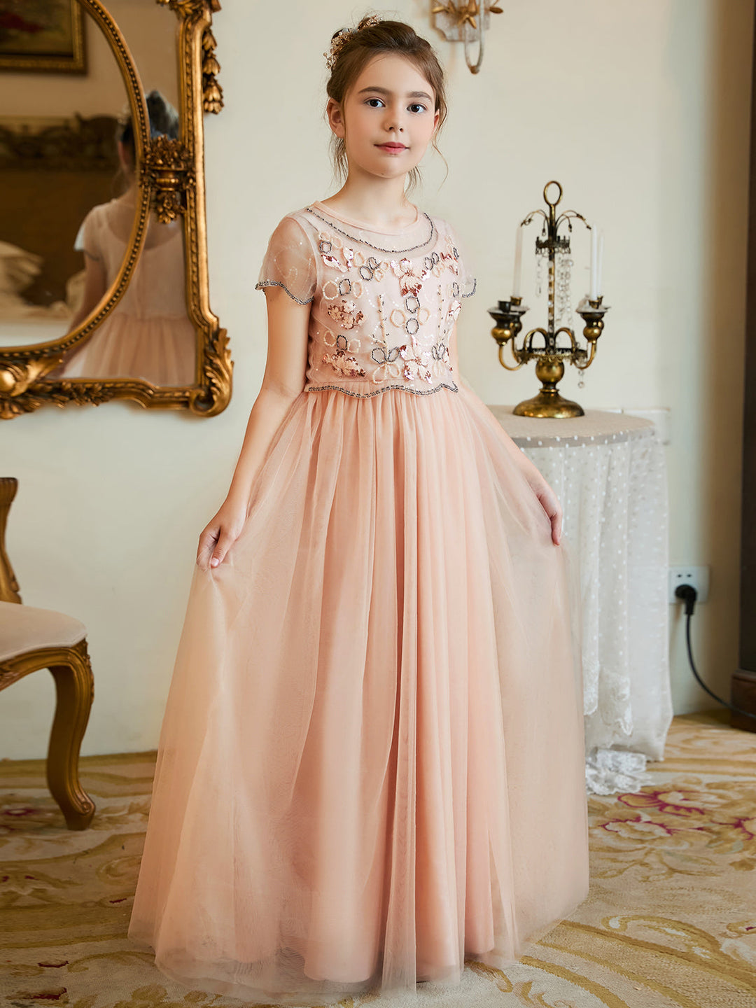 Robe de Demoiselle D'Honneur Rose en Mousseline de Soie Coupe A-Line Longueur Au Sol
