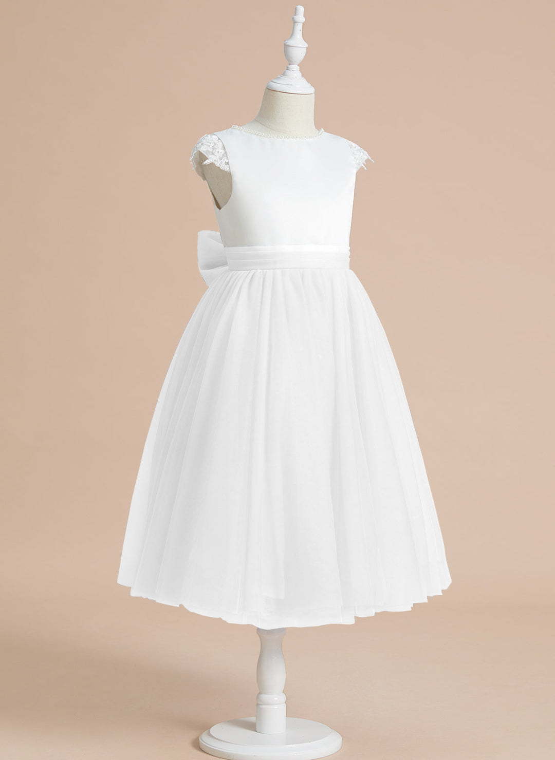 Robe de Première Communion en Tulle Satiné Coupe A-Line Longueur Thé