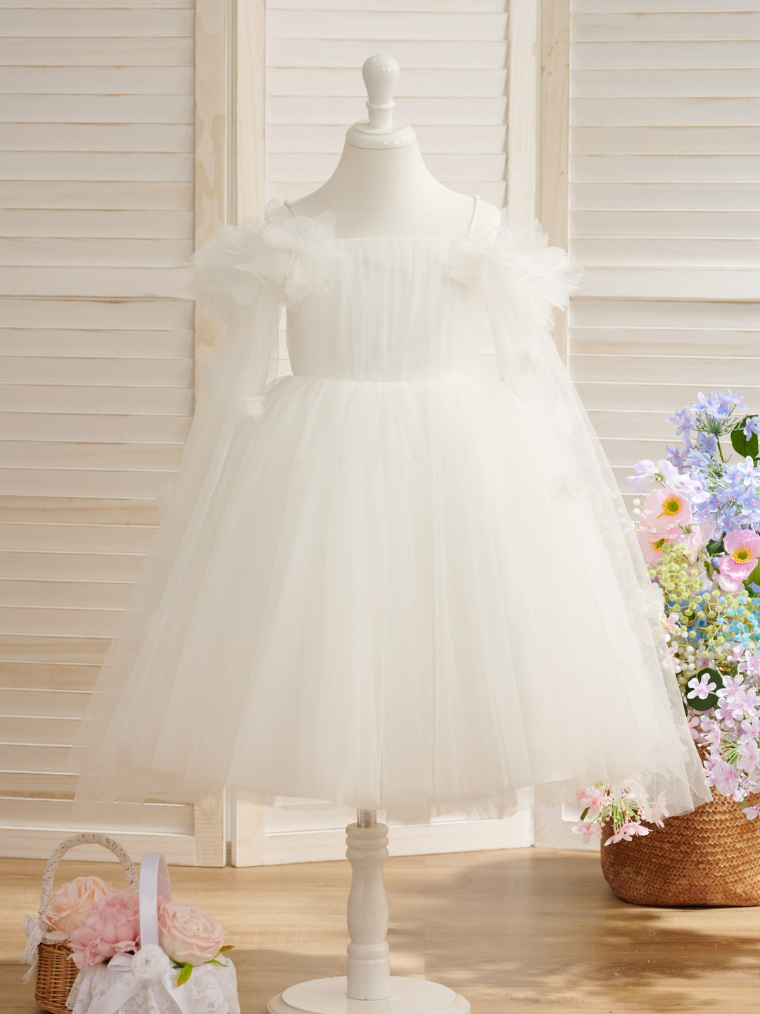 Robe de Bal/Princesse en Tulle Satiné Longueur Thé Ivoire pour Fille