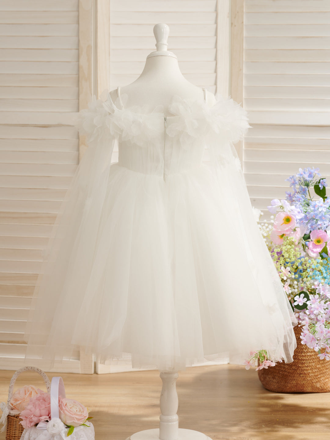 Robe de Bal/Princesse en Tulle Satiné Longueur Thé Ivoire pour Fille