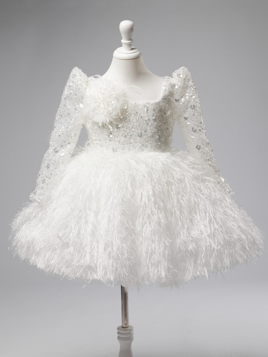 Robe Blanche en Tulle et Plumes Jusqu'Aux Genoux pour Bébé Fille