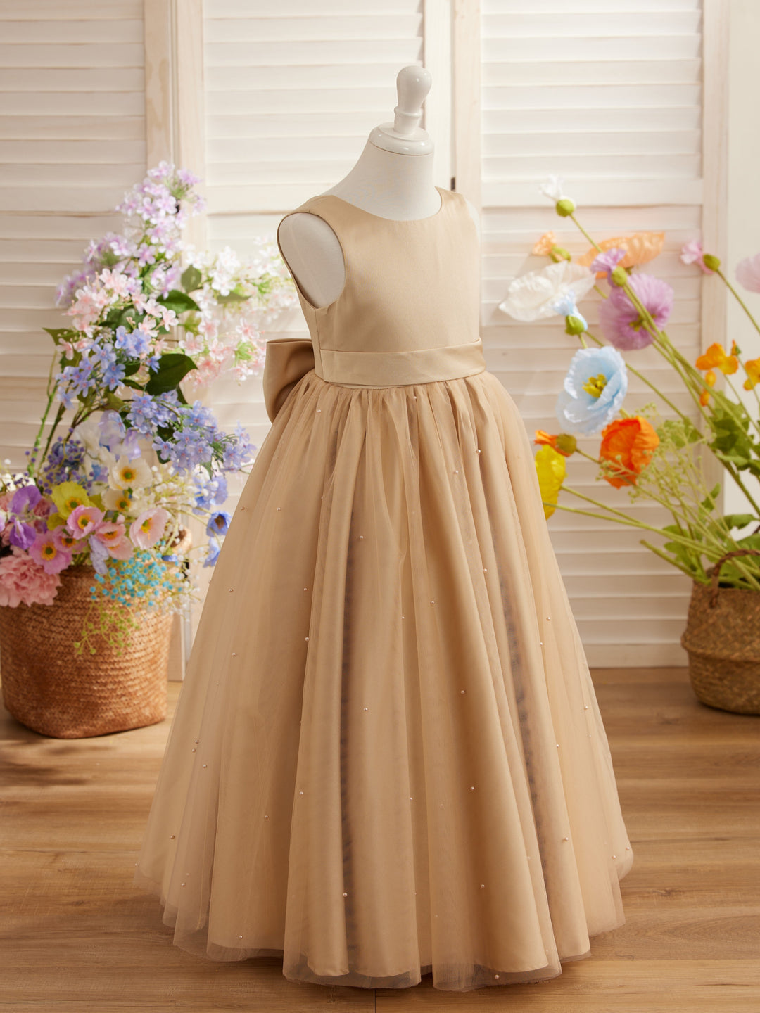 Robe de Bal/Princesse en Satin et Tulle Champagne pour Demoiselle D'Honneur