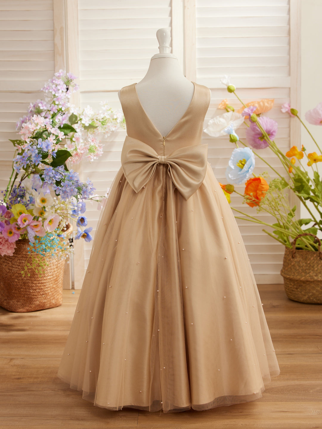 Robe de Bal/Princesse en Satin et Tulle Champagne pour Demoiselle D'Honneur