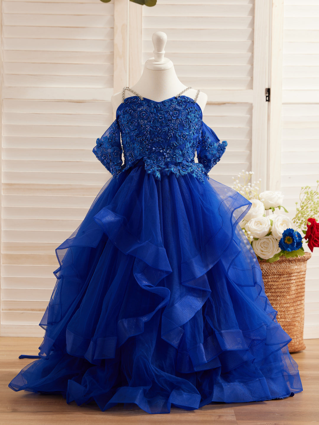 Robe de Bal de Princesse en Tulle avec Appliques Florales et Perles pour Filles