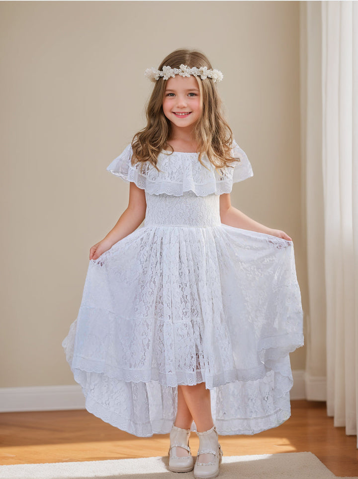 Robe de Vacances à Jupe Irrégulière en Dentelle Blanche