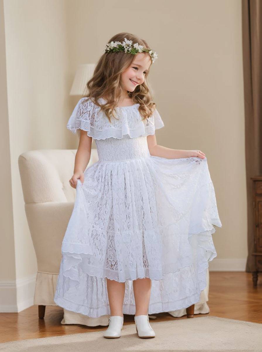 Robe de Vacances à Jupe Irrégulière en Dentelle Blanche