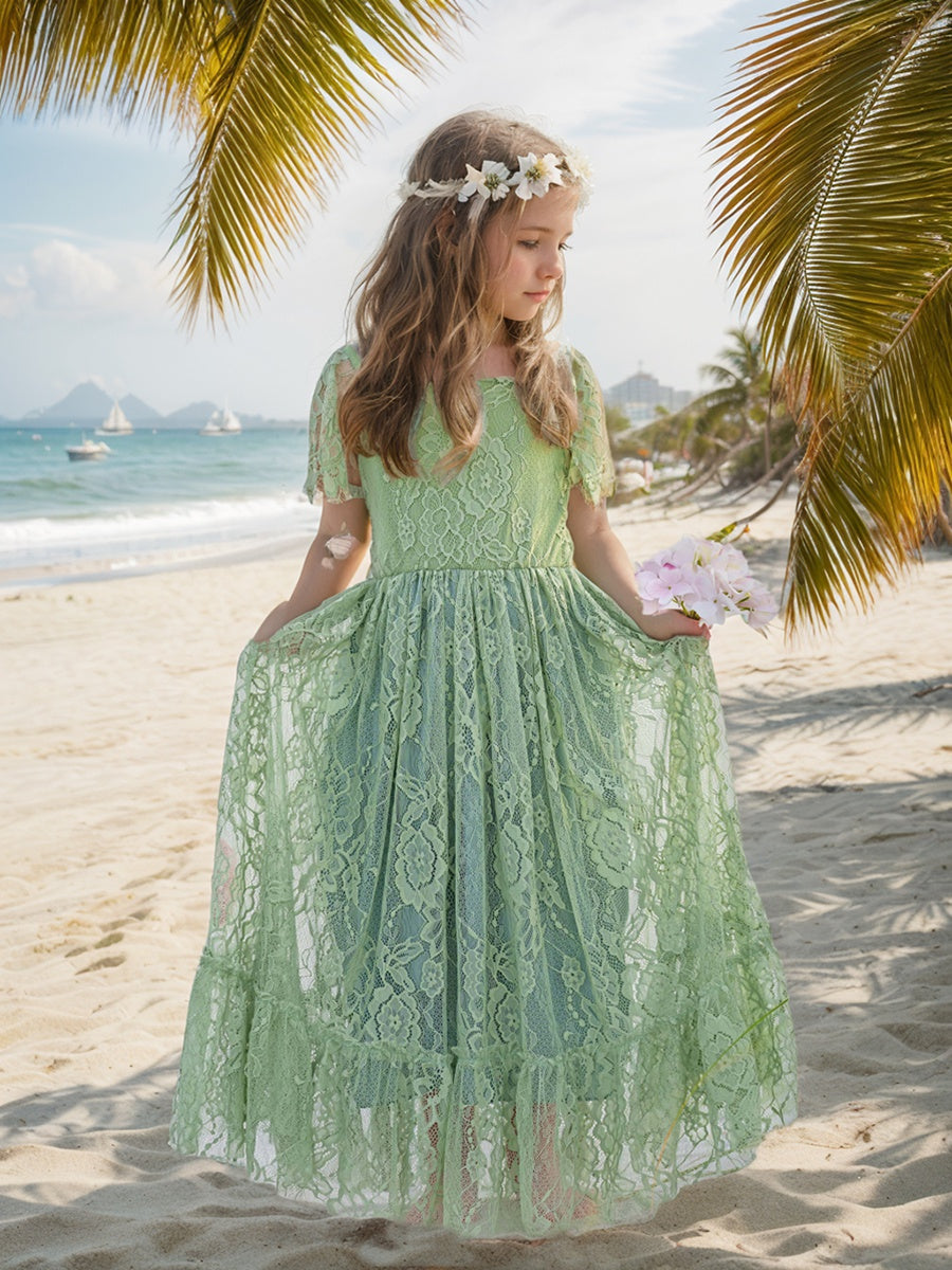 Robe Fleurie Style Bohème en Dentelle Vert Sauge pour Station Balnéaire