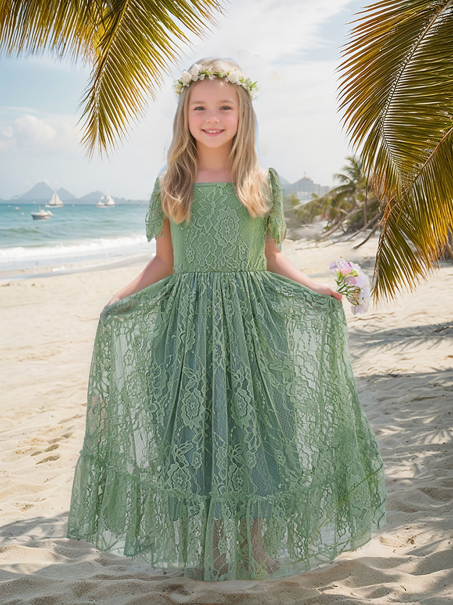 Robe Fleurie Style Bohème en Dentelle Vert Sauge pour Station Balnéaire