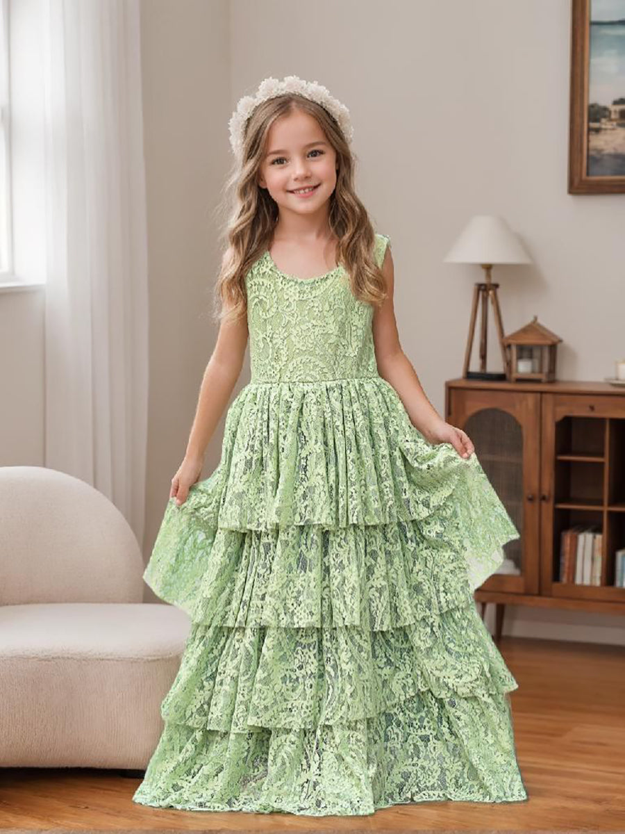 Robe de Demoiselle D'Honneur pour Petite Fille en Tulle et Dentelle Coupe A-Line