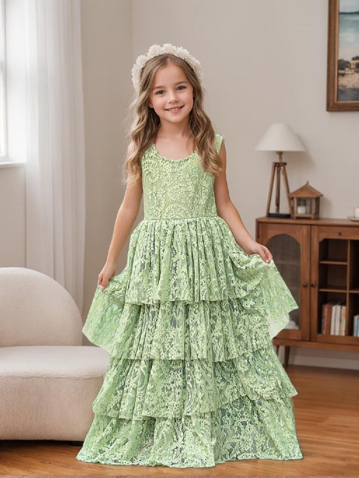 Robe de Demoiselle D'Honneur pour Petite Fille en Tulle et Dentelle Coupe A-Line