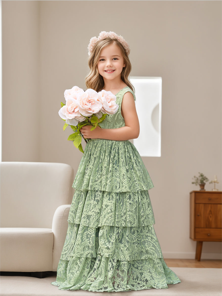 Robe de Demoiselle D'Honneur pour Petite Fille en Tulle et Dentelle Coupe A-Line