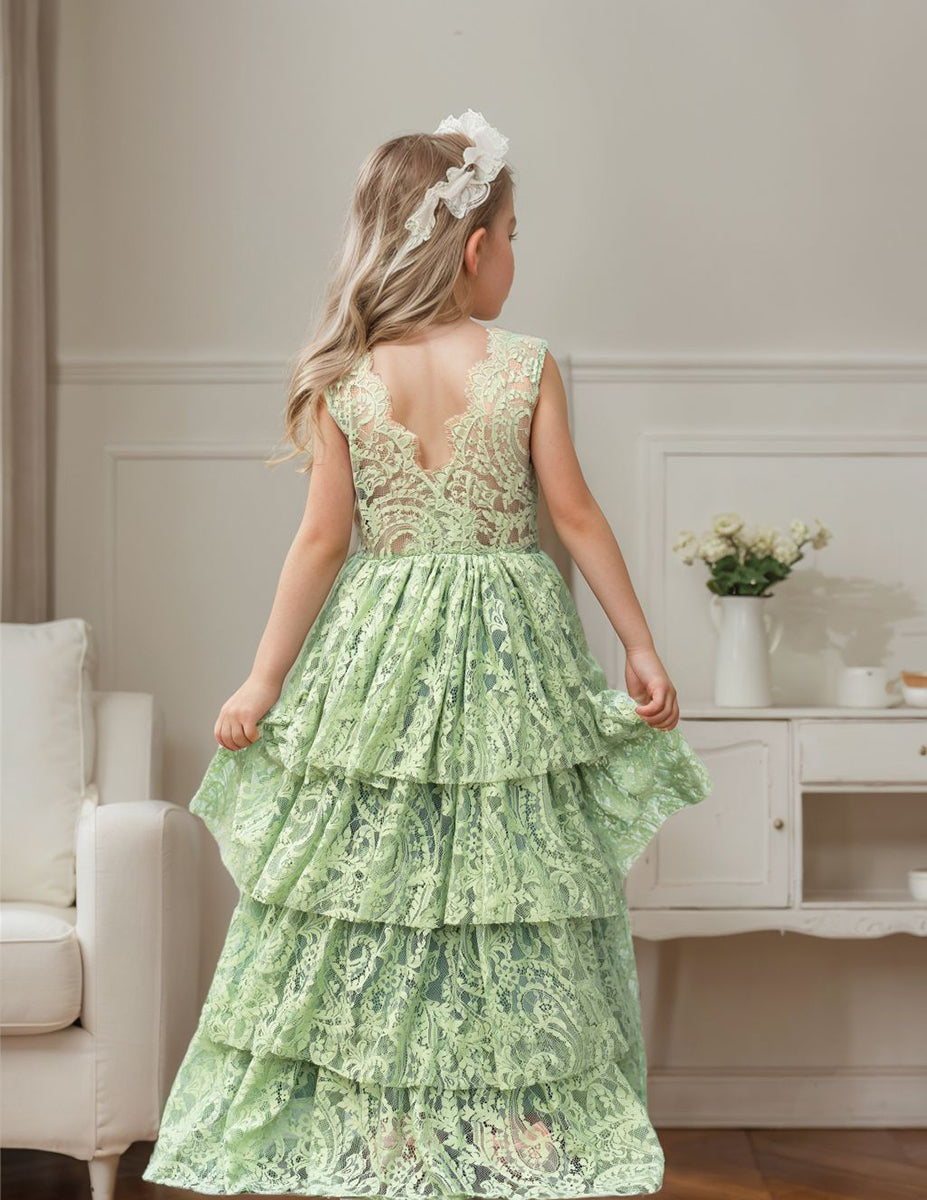 Robe de Demoiselle D'Honneur pour Petite Fille en Tulle et Dentelle Coupe A-Line
