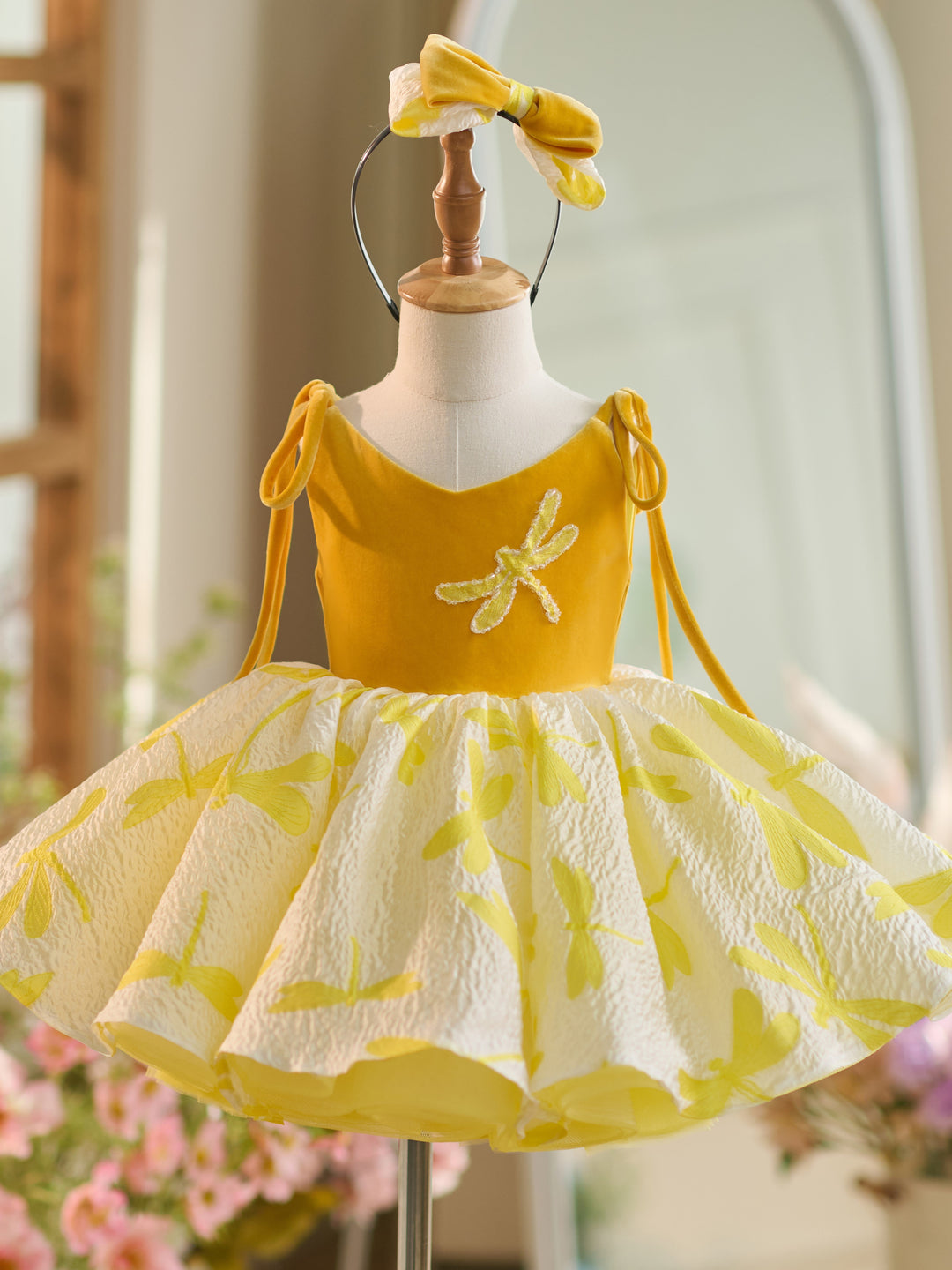Robe de Fête D'Anniversaire pour Tout-Petits en Tulle et Velours Doré, Longueur Genou