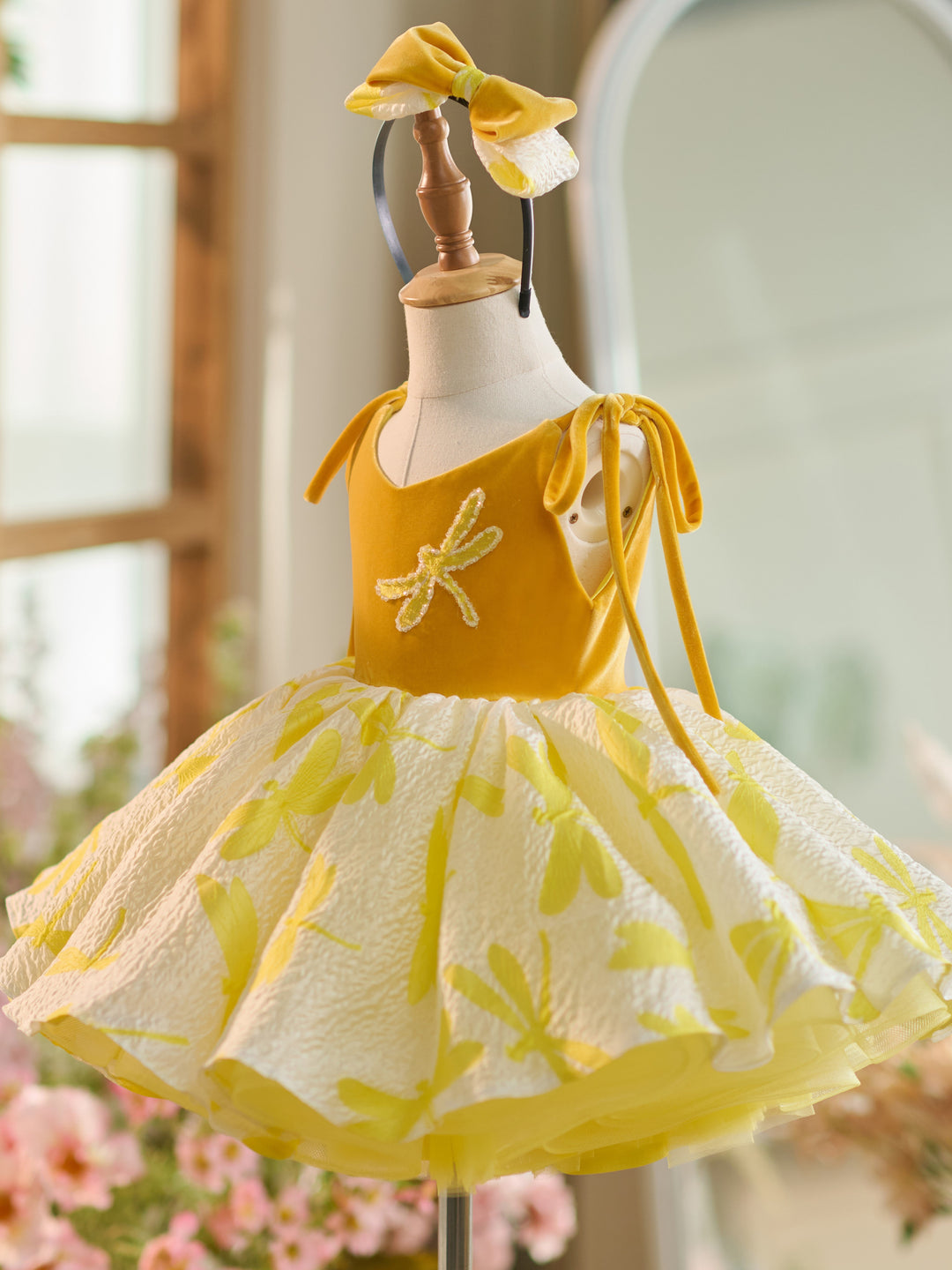Robe de Fête D'Anniversaire pour Tout-Petits en Tulle et Velours Doré, Longueur Genou