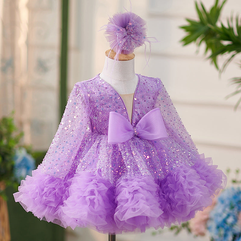 Robe Bébé Fille Lilas à Volants, Manches Longues, Nœud Papillon, Longueur Genou